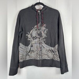 Lucky Brand VTG RARE Zip Up Hoodie Sweatshirt Asian Koi Waves Y2K Grunge Large